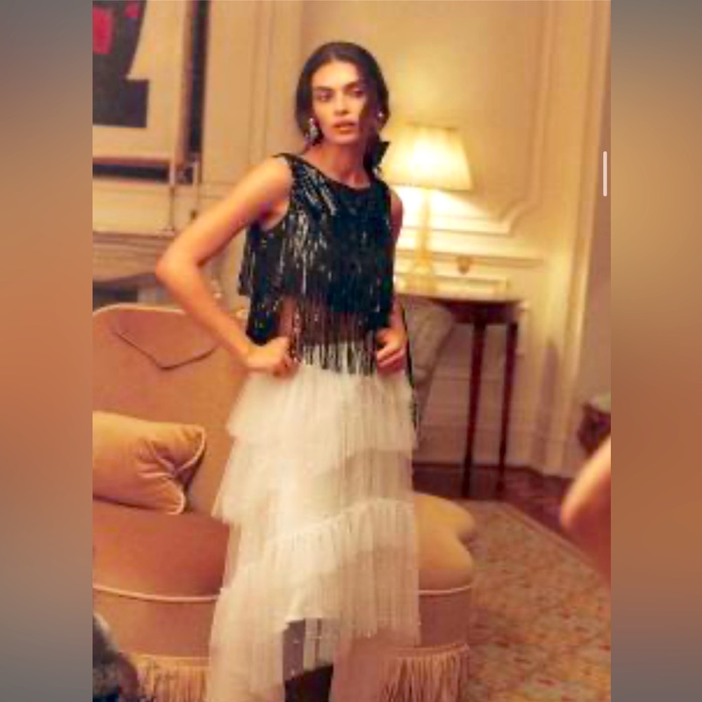 Anthropologie White tulle and pearl embellished skirt